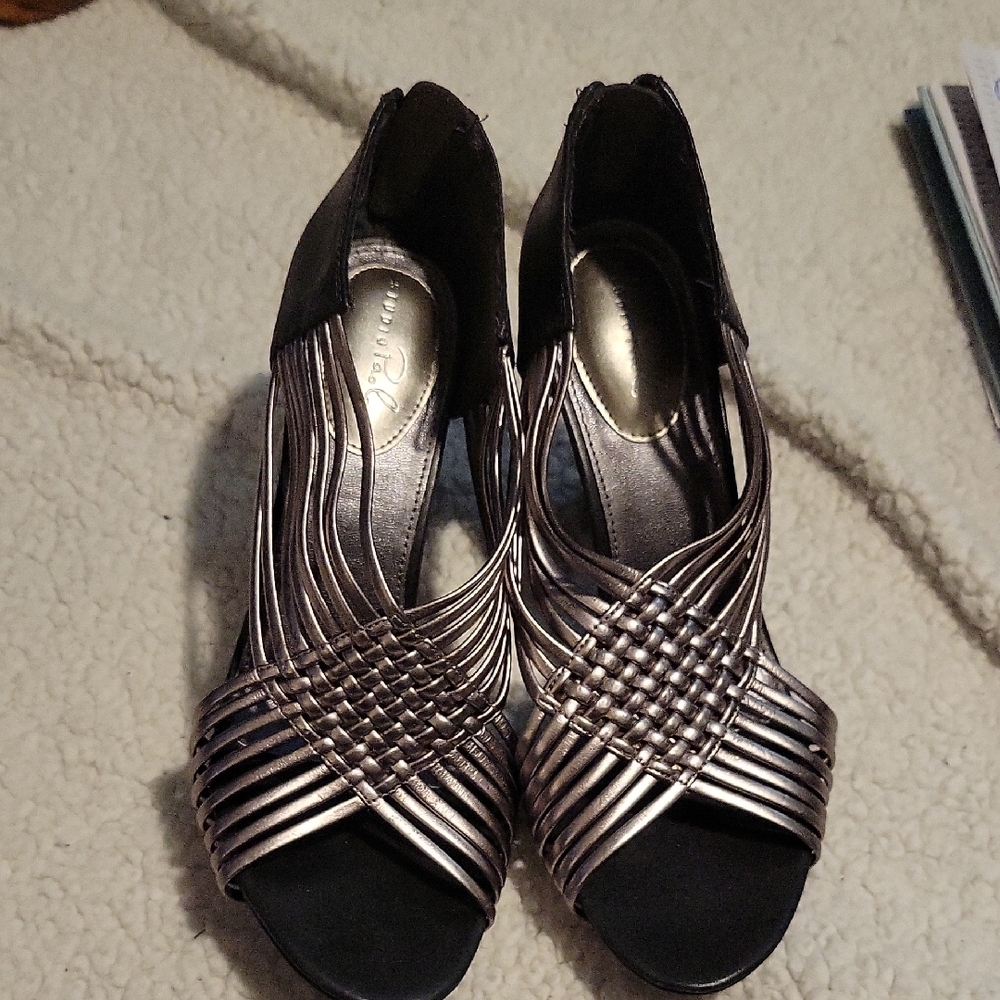 Paolo Metallic Woven Peep-Toe Heels - Silver/Black